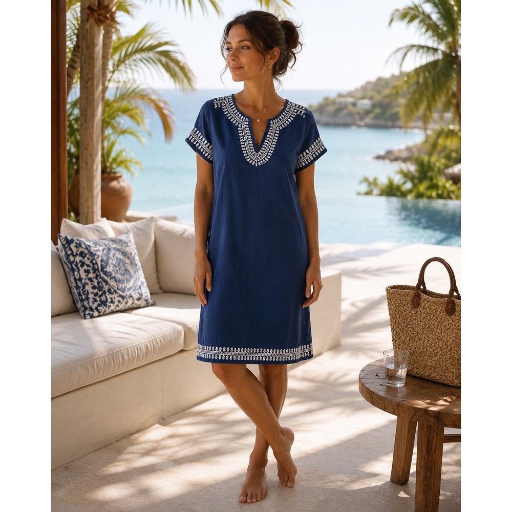 Vineyard Vines Indie Linen Cotton Mini Dress Embroidered Beaded Resort Size‎ 2